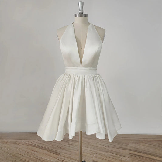Deep V-Neck Halter Backless Mini Short Wedding Dresses For Women Simple Stain A-line Above Knee Bridal Gown Ivory