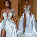 African Sexy High Split Wedding Dresses A Line One Shoulder Beaded Appliques Keyhole Neck Slit Bridal Gowns Plus Size Robes Beige