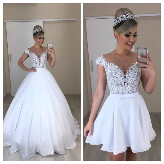 Beach 2 IN 1 Wedding Dresses Boho Vintage Lace Appliques Short Bridal Gown with Long Detachable Skirt For Bride Ivory