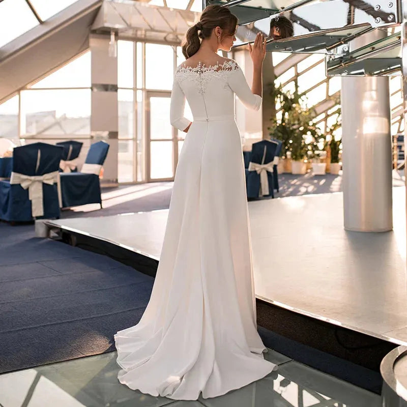3/4 Sleeve O-Neck Wedding Dress A-Line Lace Appliques Satin Civil Bridal Gown For Women Robe De Mariee Simle Civil