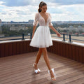 Beach Deep V-Neck Short Wedding Dress Half Sleeve Lace Appliques Boho Mini Bride Gown Backless Button Vestido De Noiva Champagne