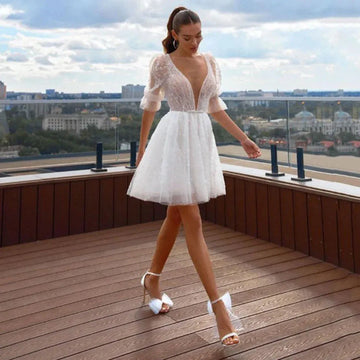 Beach Deep V-Neck Short Wedding Dress Half Sleeve Lace Appliques Boho Mini Bride Gown Backless Button Vestido De Noiva Champagne