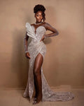 African Luxury Full Beaded Side Slit Wedding Dress Leaf Design Detachable Train Women Dubai Bridal Gowns Vestido De Casamen