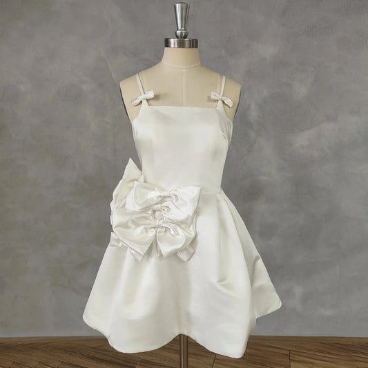 Square-Neck Satin Short Wedding Party Dress Bow A-Line Zipper Back Mini Length Bridal Gown Custom Made White