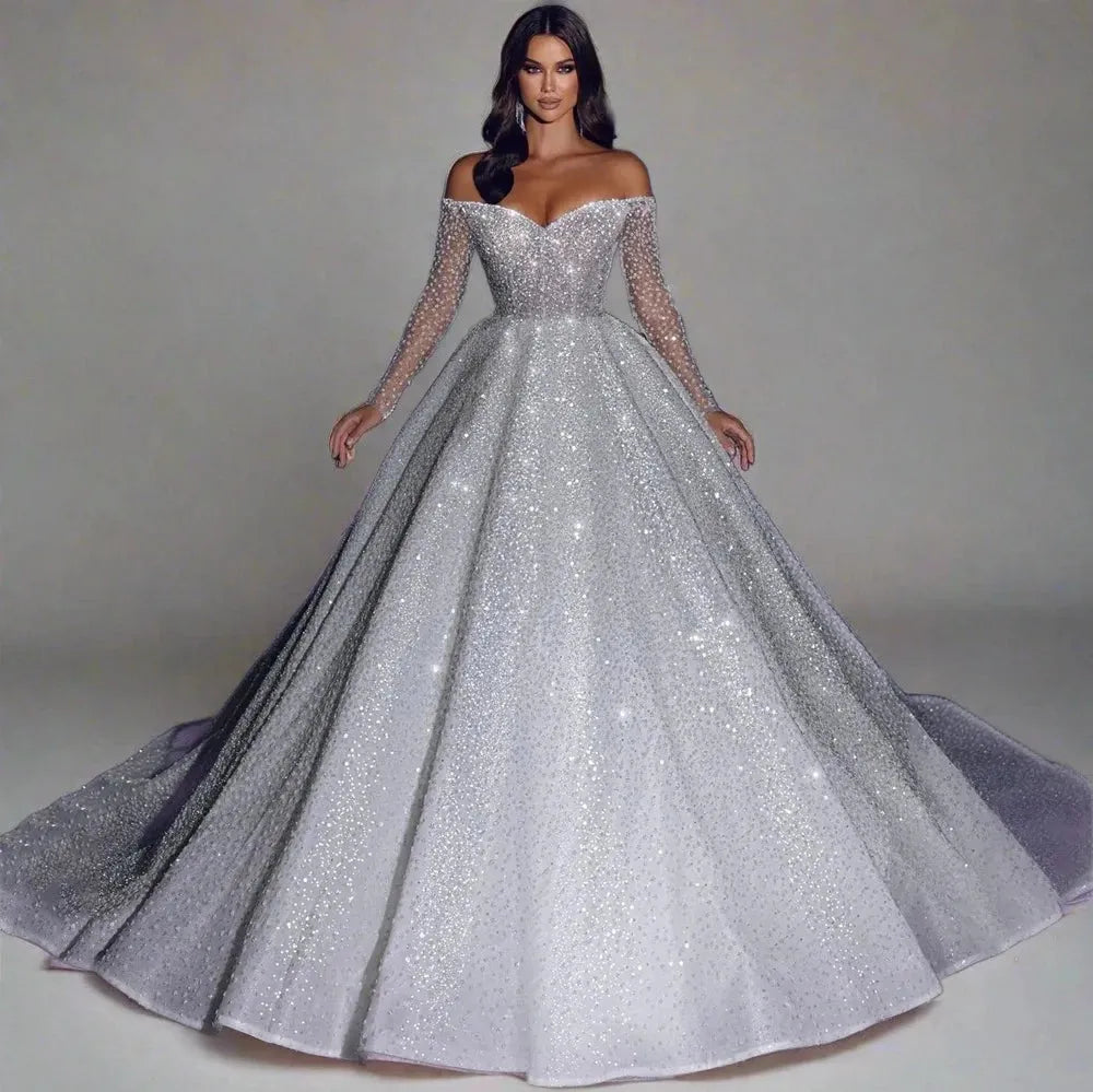 Arabia Glitter Princess Wedding Dresses Off Shoulder Sparkly Long Sleeves Bridal Gowns A-Line Dubai Pageant Bride Dress Custom Color