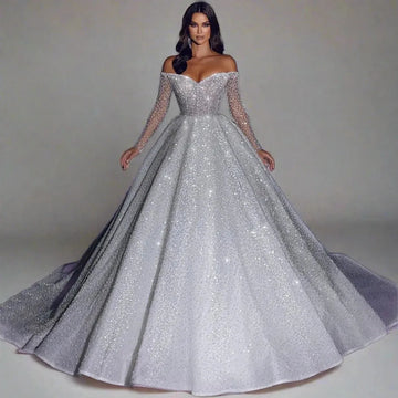 Arabia Glitter Princess Wedding Dresses Off Shoulder Sparkly Long Sleeves Bridal Gowns A-Line Dubai Pageant Bride Dress Custom Color
