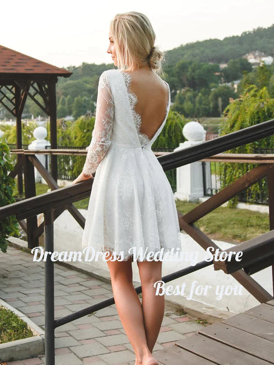 Boho Lace Short Wedding Dresses With Long Sleeves A-line Low V Back Bridal Gowns Above Knee Length Robe de mariée