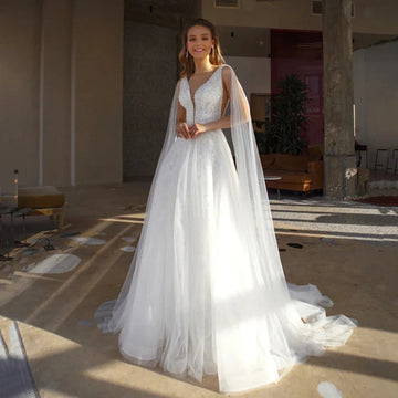 A-Line Wedding Dress V-Neck Long Puffy Lace Appliques Beading Satin And Tulle Bridal Gown Sexy Brides Dress Ivory
