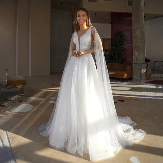 A-Line Wedding Dress V-Neck Long Puffy Lace Appliques Beading Satin And Tulle Bridal Gown Sexy Brides Dress Ivory