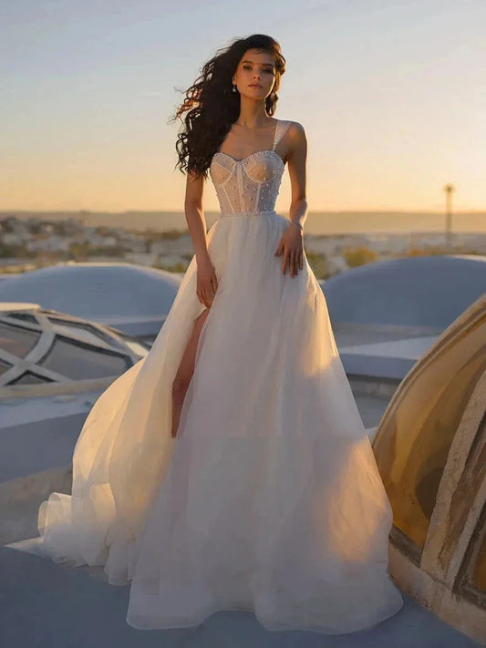 A-Line Tulle Wedding Dresses For Women Elegant Bridal Gowns Sleeveless Side Slit Sexy Robes For Formal Party Vestidos De Novia Beige