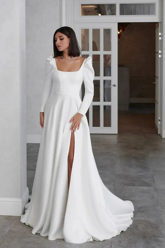 A-Line Wedding Dress Long Sleeve Square Collar Side Slit Simple Satin Open Back Beach Robe De Mariee Custom Made To Measures