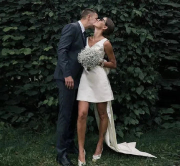 Short Mini Satin V Neck Bridal Gown Large Bow Open Back Sleeveless Above Knee Length Wedding Party Dress