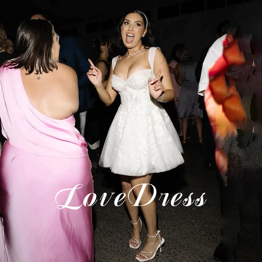Glitter Lace 3D Flowers Mini Short Wedding Dress V-Neck Appliques Bridal Gowns Backless Shiny Sleeveless Bride Dress