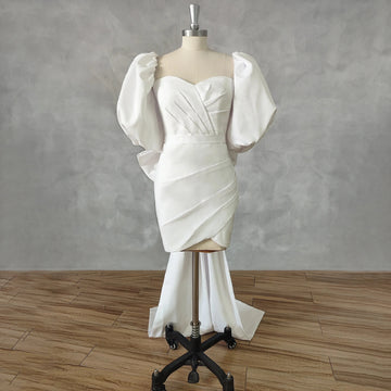 Sweetheart Puff Sleeves Pleats Short Wedding Dress Bow Sheath Above Knee Mini Bridal Gown Custom Made Ivory