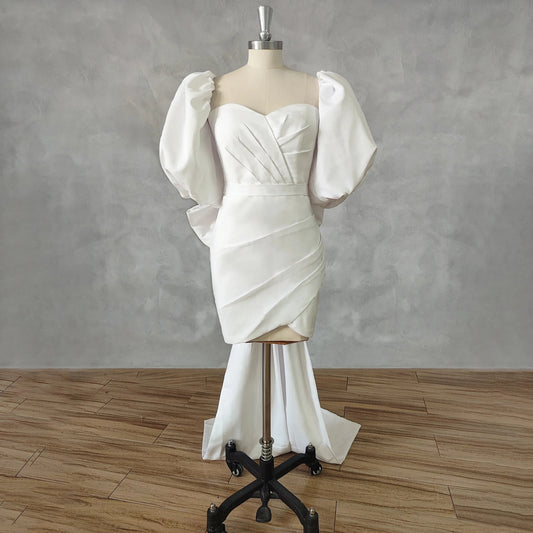 Sweetheart Puff Sleeves Pleats Short Wedding Dress Bow Sheath Above Knee Mini Bridal Gown Custom Made Ivory