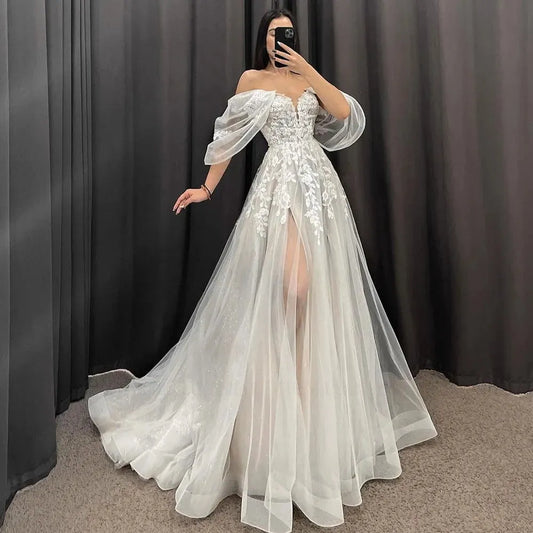 Ivory A-Line Wedding Dresses Women V-Neck Short Sleeves Long Bride Dress Sweep Train Lace Applique Custom Occasion Gowns White