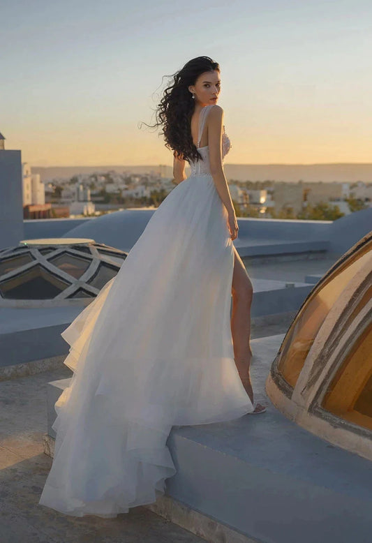 A-Line Tulle Wedding Dresses For Women Elegant Bridal Gowns Sleeveless Side Slit Sexy Robes For Formal Party Vestidos De Novia