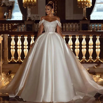 Arabic Off the Shoulder Wedding Dresses Sexy Sequins Beads Princess Women's Bride Gowns Satin Vestido De Noiva Robe платье Beige