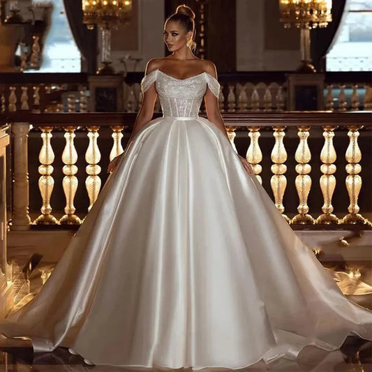 Arabic Off the Shoulder Wedding Dresses Sexy Sequins Beads Princess Women's Bride Gowns Satin Vestido De Noiva Robe платье Beige