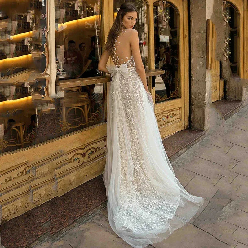A-Line Lace Wedding Dresses Women's Deep V Neck Beach Wedding Dresses Boho Floor Length Glamorous Plus Size Bridal Dresses