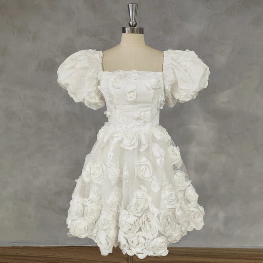 3D Flowers Square Neck Puff Sleeves Short Wedding Party Dress A-Line Zipper Back Mini Length Bridal Gown Ivory