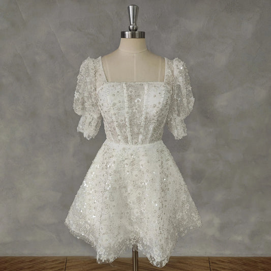Puff Sleeves Square-Neck Applique Tulle Mini Wedding Dress For Women A-Line Zipper Back Short Above Knee Custom Made Ivory