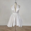 Deep V-Neck Halter Backless Mini Short Wedding Dresses For Women Simple Stain A-line Above Knee Bridal Gown White