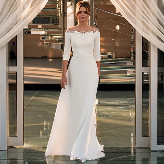 3/4 Sleeve O-Neck Wedding Dress A-Line Lace Appliques Satin Civil Bridal Gown For Women Robe De Mariee Simle Civil White