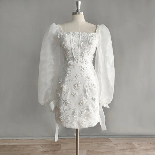 Long Puff Sleeves Short Wedding Dress Flowers Sheath Backless Square Neck Above Knee Mini Bridal Gown Ivory