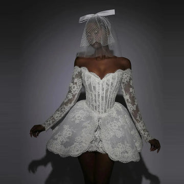 Classic Short Lace Prom Dresses Strapless Long Sleeves Mini Length Bridal Wedding Recepetion Gowns With Bones Evening Gowns White