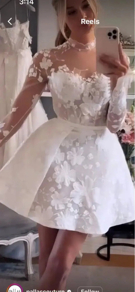 High Neck Mini Wedding Dress Long Sleeve Bridal Gown Illusion Robe De Mariée Lace Applique Tull Bride Party Dress