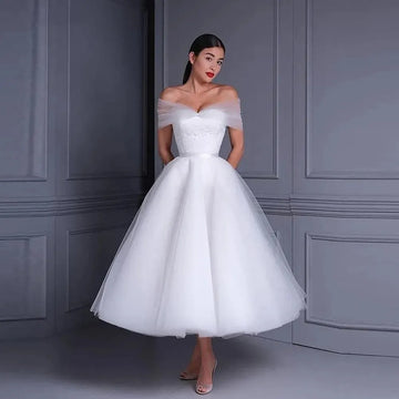 Elegant Beautiful Sweet Short Off Shoulder Gauze Wedding Dresses Princess Beaded A-shaped Pretty Gorgeous Dresses Beige