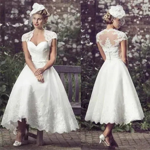 Beach Short Wedding Dresses Tea Length Bride Dress Cap Sleeves Sweetheart Lace Robe De Mariée Vestido De Novia A-For Women