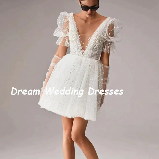 Deep V Neck Mini Wedding Dresses Dot Tulle Short Puff Sleeves Bride Gown Backless Above Knee Beach Boho Bridal Dress