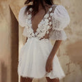 Short Wedding Dresses Plunging V-Neck Half Sleeves Pearls Flowers Mini Bride Dresses Sexy Backless Illusion Formal Wedding Gowns Ivory