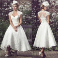 Beach Short Wedding Dresses Tea Length Bride Dress Cap Sleeves Sweetheart Lace Robe De Mariée Vestido De Novia A-For Women White