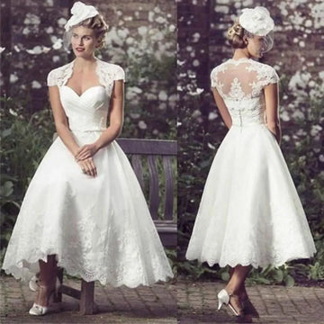 Beach Short Wedding Dresses Tea Length Bride Dress Cap Sleeves Sweetheart Lace Robe De Mariée Vestido De Novia A-For Women White