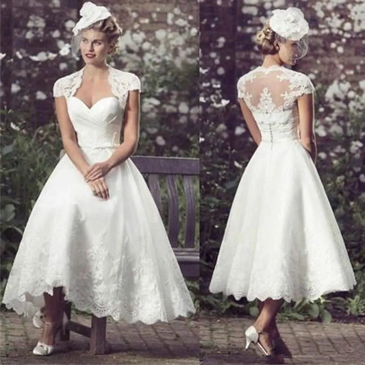 Beach Short Wedding Dresses Tea Length Bride Dress Cap Sleeves Sweetheart Lace Robe De Mariée Vestido De Novia A-For Women White