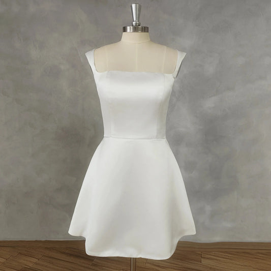 Sleeveless Square Neck Satin Mini Wedding Dress A-Line Zipper Back Above Knee Short Bridal Gown Ivory