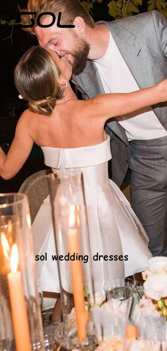 Elegant Strapless Pleat Short Wedding Dress For Women Simple Backless A Line Above Knee Mini Bridal Gown Robe De Mariee