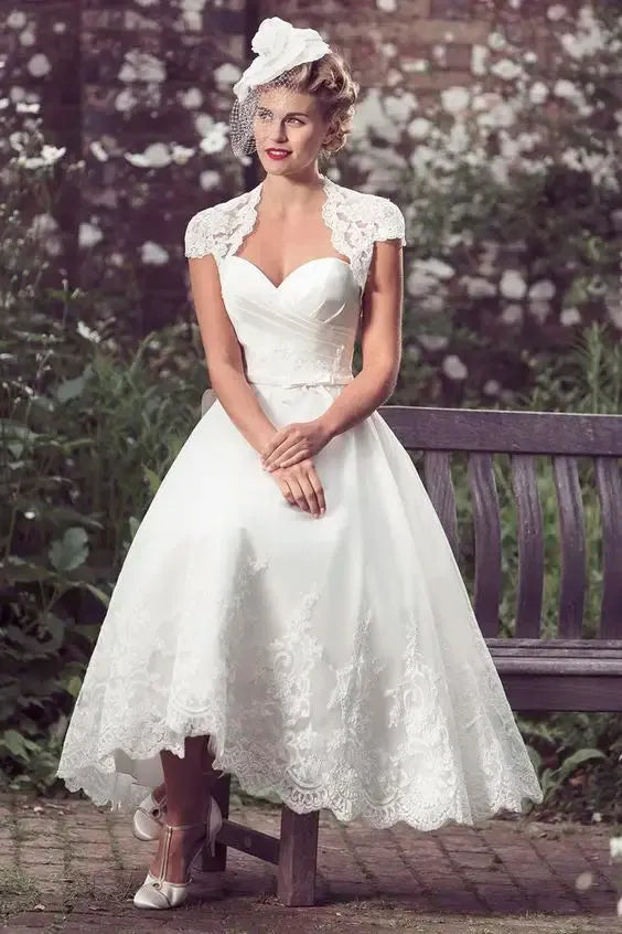 Beach Short Wedding Dresses Tea Length Bride Dress Cap Sleeves Sweetheart Lace Robe De Mariée Vestido De Novia A-For Women