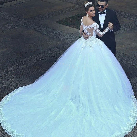 A-Line Luxury Princess Wedding Dresses Long Sleeve Lace Charming Bride Dress For Women