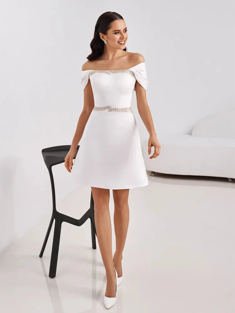 Elegant Short Wedding Dresses Off The Shoulder Applique Boat Neck Lace Up Ankle -Length Customize To Measures Robe De Marie White