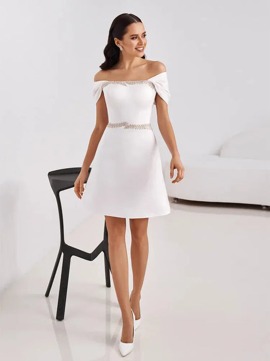 Elegant Short Wedding Dresses Off The Shoulder Applique Boat Neck Lace Up Ankle -Length Customize To Measures Robe De Marie White