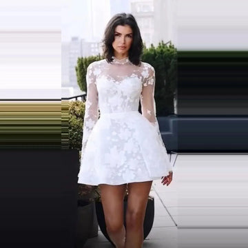 High Neck Mini Wedding Dress Long Sleeve Bridal Gown Illusion Robe De Mariée Lace Applique Tull Bride Party Dress As Picture