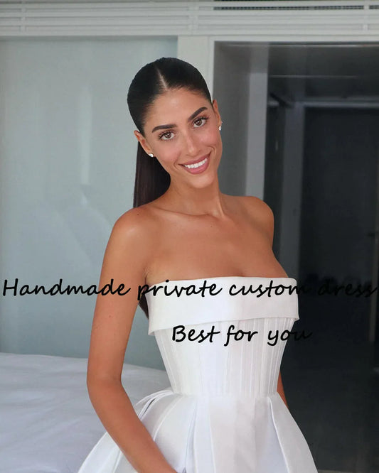 White Satin Strapless Wedding Party Dresses with Pockets A Line Short Ball Gowns Bride Dress Back Lace Up