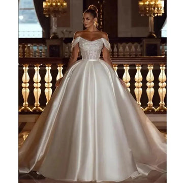 A-Line Sexy Off Shoulder Wedding Dresses Shiny Bohemia Women's Tulle Princess Satin Bridal Gowns Robe De Mariée Vestido Beige