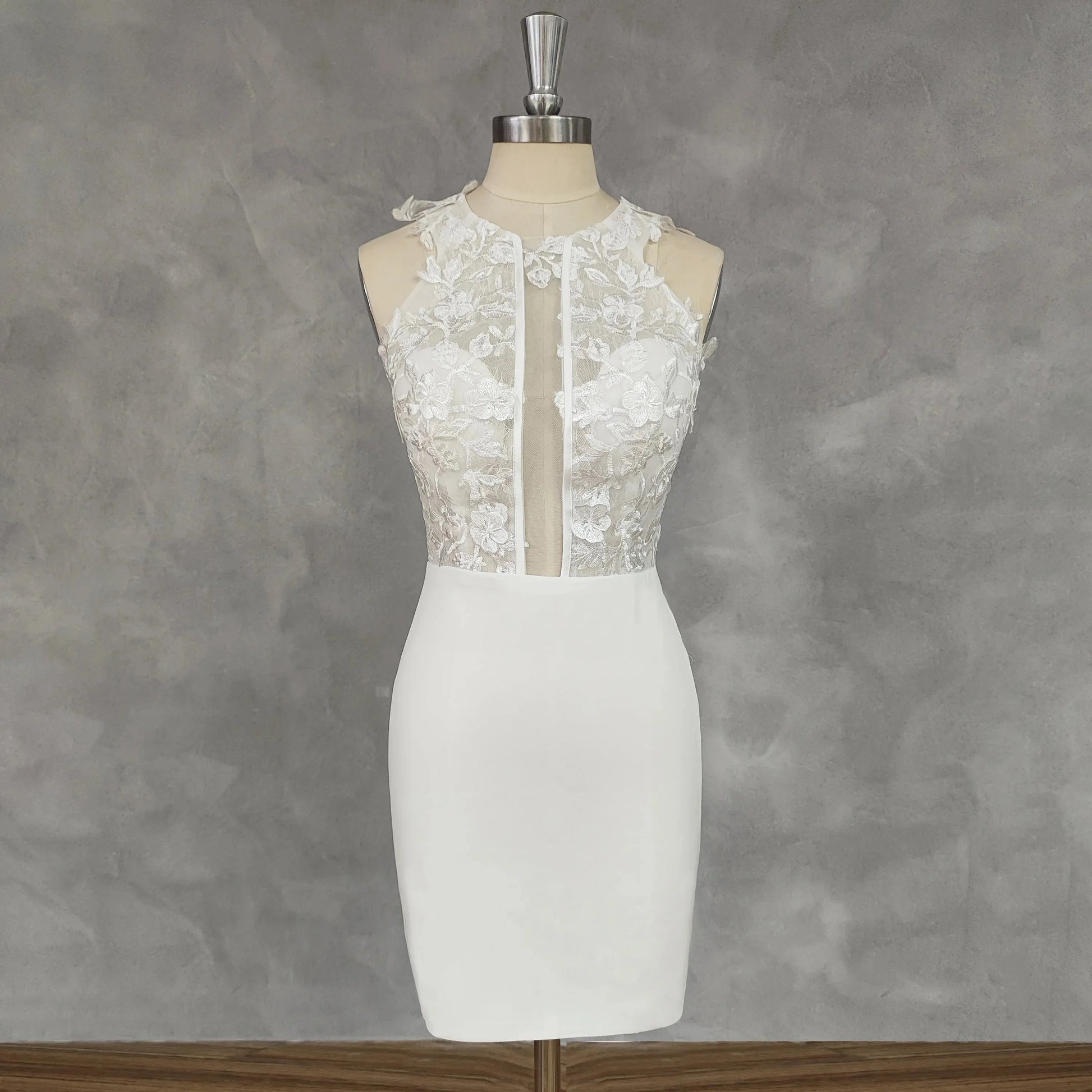 O-Neck Appliques Sheath Short Wedding Dress Detachable Train Cut Out Back Above Knee Mini Bridal Gown Ivory