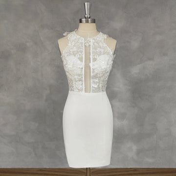 O-Neck Appliques Sheath Short Wedding Dress Detachable Train Cut Out Back Above Knee Mini Bridal Gown Ivory