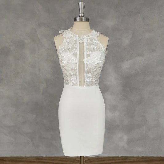 O-Neck Appliques Sheath Short Wedding Dress Detachable Train Cut Out Back Above Knee Mini Bridal Gown Ivory
